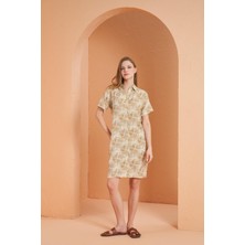 Pjs Kadın Bej Desenli Gömlek Yaka Kısa Kol Viskon Elbise