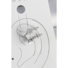 Pirinç Gümüş Renk Zirkon Taşlı Yıldız Model Kadın Kıkırdak Küpe