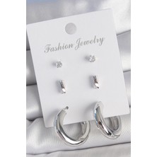 Pirinç Gümüş Renk Zirkon Taş Detay Halka Model 3 Çift Kadın Küpe Seti