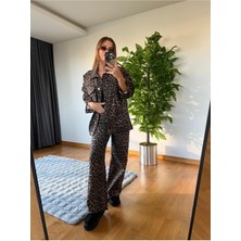 Premium Leopar Desenli Yüksek Bel Geniş Paça Straight Kadın Cepli Pantolon Jean ve Ceket Takım