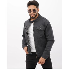 Çift Cep Fermuarlı Asit Mavi Hakim Yaka Erkek Casual Kot Ceket