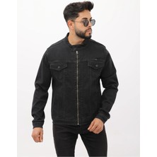 Çift Cep Fermuarlı Asit Mavi Hakim Yaka Erkek Casual Kot Ceket