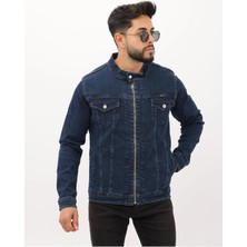 Çift Cep Fermuarlı Asit Mavi Hakim Yaka Erkek Casual Kot Ceket