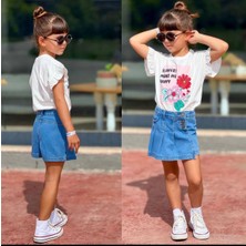 Çocuk Flowers Baskılı Kot Etek Beyaz