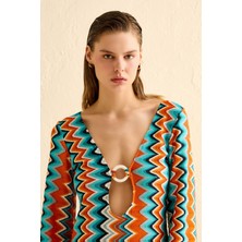 Halka Toka Detaylı Renkli Triko Plaj Elbise