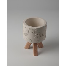 Dekoratif Beton Saksı -Monstera 7,5X12 0.25L Küçük Ahşap Ayaklı Saksı