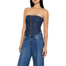 F21 Çizgili Straplez Yaka Denim Bluz
