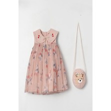 Kız Çocuk Gül Kurusu Kiraz Desenli Tütülü Ayıcık Desen Çantalı Elbise
