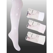 1'li Kız Çocuk İnce Kelebek Desen Detaylı Külotlu Çorap Beyaz