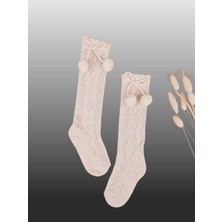 1'li Kız Bebek Pon Pon Kurdele Detaylı Dizaltı Çorap Bej