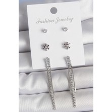 Pirinç Gold Renk Zirkon Taşlı Sallantılı Çiçek Detay 3 Çfit Kadın Küpe Seti