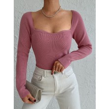 Vibe Unico Kadın Pembe Dekolteli Kare Yaka Triko Bluz