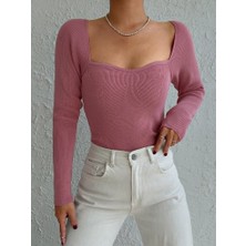 Vibe Unico Kadın Pembe Dekolteli Kare Yaka Triko Bluz