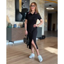 Vibe Unico Kadın Yaka Ribanalı Çift Yırtmaçlı Elbise