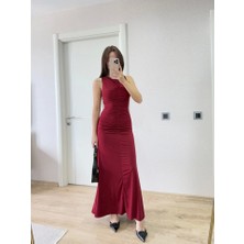 Vibe Unico Kolsuz Büzgülü Uzun Elbise - Kırmızı