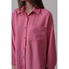 Vibe Unico Çizgili Tek Cep Gömlek - Pembe
