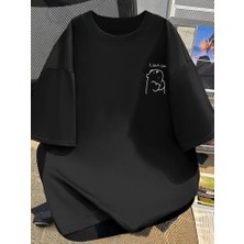 Vibe Unico Baskılı Oversize Bisiklet Yaka T-Shirt - Siyah