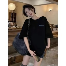 Vibe Unico Baskılı Oversize Bisiklet Yaka T-Shirt - Siyah