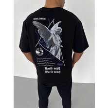 Luz&pos Unisex Bisiklet Yaka Baskılı Oversize T-Shirt - Siyah