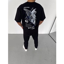 Luz&pos Unisex Bisiklet Yaka Baskılı Oversize T-Shirt - Siyah