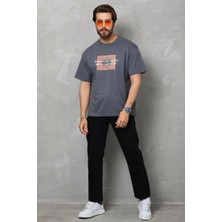 Luz&pos Unisex Bisiklet Yaka Baskılı Oversize T-Shirt - Füme