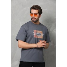 Luz&pos Unisex Bisiklet Yaka Baskılı Oversize T-Shirt - Füme