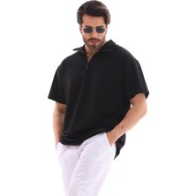 Luz&pos Unisex Yarım Fermuarlı Düz Oversize T-Shirt - Siyah