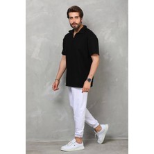 Luz&pos Unisex Yarım Fermuarlı Düz Oversize T-Shirt - Siyah