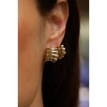 14 Ayar Altın Taş Detaylı Yelpaze Küpe