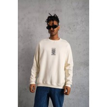 Luz&pos Unisex Bisiklet Yaka Baskılı Oversize Sweatshirt - Beyaz
