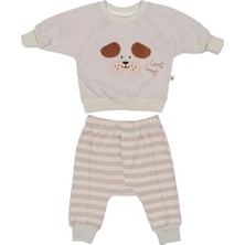Woof Mevsimlik 2'li Bebek Takımı – Köpek Aplikeli Sweatshirt ve Çizgili Pantolon 6 Ay - Su Yeşili