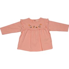Somon Rengi Önü Robalı Mevsimlik Kız Bebek Takımı - Çiçek Nakışlı Robalı Sweatshirt ve Çiçekli Tayt 9-12 Ay