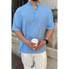 Soro Erkek Oversize Keten Görünümlü Kısa Kol Hakim Yaka Yarım Pat Gömlek