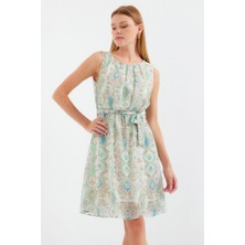 2501 Desenli Sıfır Kol Şifon Elbise - Mint