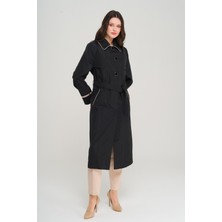 Gömlek Yaka Biye ve Pelerin Detaylı Büyük Beden Trençkot Siyah 4301