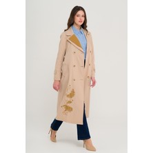 Baskı ve Taş Detaylı Garnili Astarsız Trençkot Bej 6694