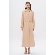 Cebi Taş Detaylı Desenli Astarlı Spor Pardesü Bej 4306