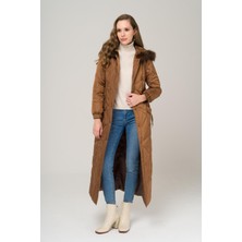 Olcay Kapüşonu Kürklü Çıt Çıt Kapamalı Kapitone Kap TABA 6522