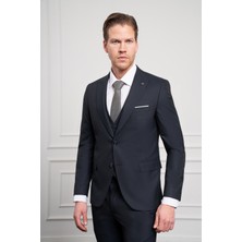  Erkek Lacivert Trend Yelekli Slim Fit Dar Kesim Sivri Yaka Takım Elbise
