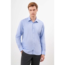  Erkek Mavi Pamuk Düz Desen Sert Yaka Regular Fit Gömlek