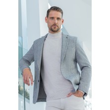 Morven  Erkek Gri Örme Slim Fit Mono Yaka Ceket
