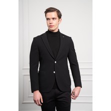 Morven  Erkek Siyah Poliviskon Dokuma Desenli Slim Fit Dar Kesim Mono Yaka Ceket