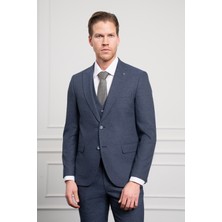  Erkek Lacivert Poliviskon Trend Yelekli Desenli Slim Fit Sivri Yaka Takım Elbise