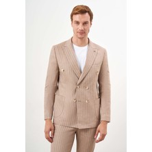 Morven  Erkek Vizon Keten Trend Kruvaze Slim Fit Sivri Yaka Takım Elbise