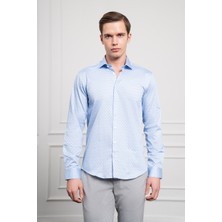  Erkek A. Mavi Pamuk Baskılı Desenli  Italyan Yaka Slim Fit Gömlek