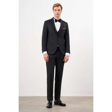  Erkek Siyah Poliviskon Ceromonia Jakar Desen Slim Fit Şal Çıkma Yaka Damatlık