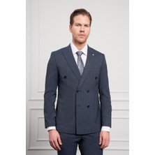  Erkek Lacivert Trend Slim Fit Sivri Yaka Kruvaze Takım Elbise