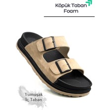 Sermoda Çift Toka Ayarlanabilir Genişlik Köpük Taban Rahat Deri Erkek Terlik Bej