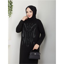 Siyah Şık Taş Desenli Tesettür Elbise MF-1043