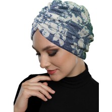 Fidan Bone Desenli Drapeli Petrol Mavisi Çift Taraflı Hazır Türban Tesettür Bone